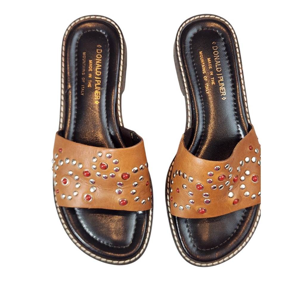 Donald J Pliner Slide Sandals Womens 5.5M Tan Black Studded Leather Italy